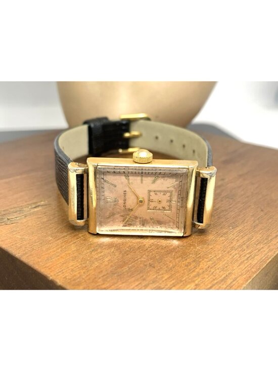 Longines Watch 1930s Vintage Swiss Mechanical Rose Dial Black Leather Strap Tank main image 9